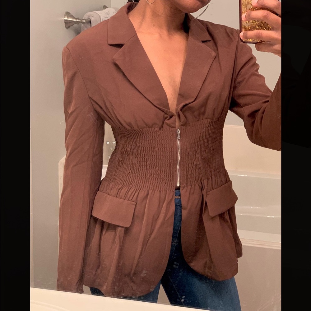 Brown Lapel Neck Shirred Waist Blazer, Size S